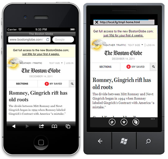 Screenshots of the Boston Globe website on an iPhone and a Windows 7 phone.