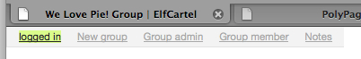 Screenshot of the Polypage control bar showing toggles for logged-in  state, group member, etc