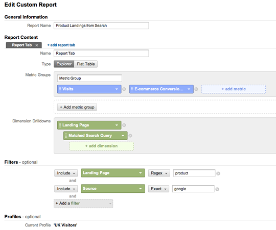 Screenshot of example custom report setup.