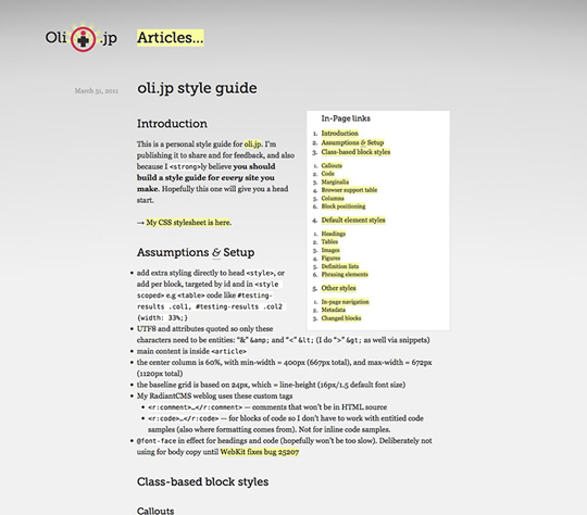 Screenshot of Oli's style guide