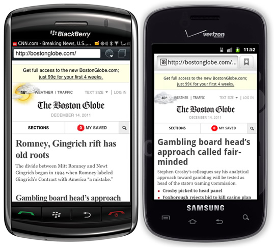 Screenshots of the Boston Globe website on Android and Blackberry.