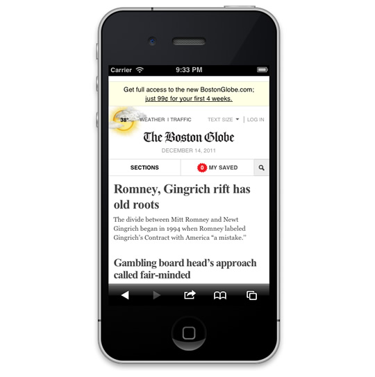 Screenshot of the Boston Globe website on the iPhone, without an address bar.