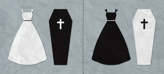 Illustration of a white wedding dress and a black coffin, juxtaposed with a black wedding dress and a white coffin.