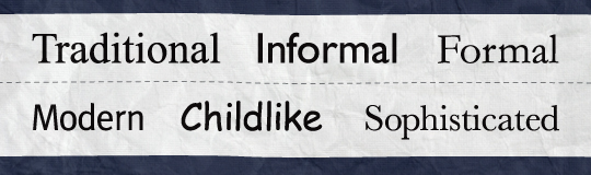 The words 'traditional', 'informal', 'formal', 'modern', 'childlike', and 'sophisticated' written in different typefaces.