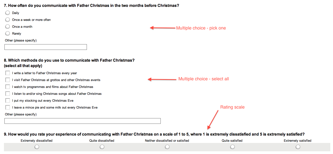 Annotated screenshot of Emma's Christmas survey