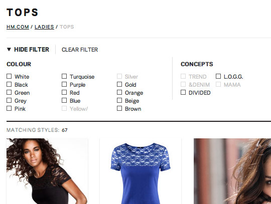 A screenshot of the colour search filter on the H&M site.