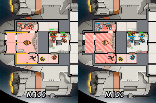 Screenshots of a game in default mode and in colour-blind mode.