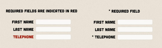 A screenshot of a form where the required field's label text is red, next to the same form but with a symbol alongside the required field.