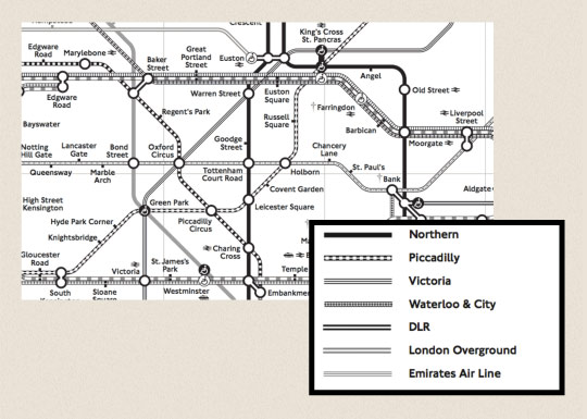 The London underground map in black and white.
