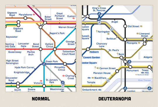 A picture of the London underground map contrasted with how it's seen by someone with deuteranopia.