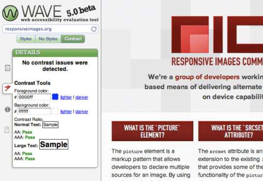 A screenshot of the accessibility tool WAVE's contrast-checker.