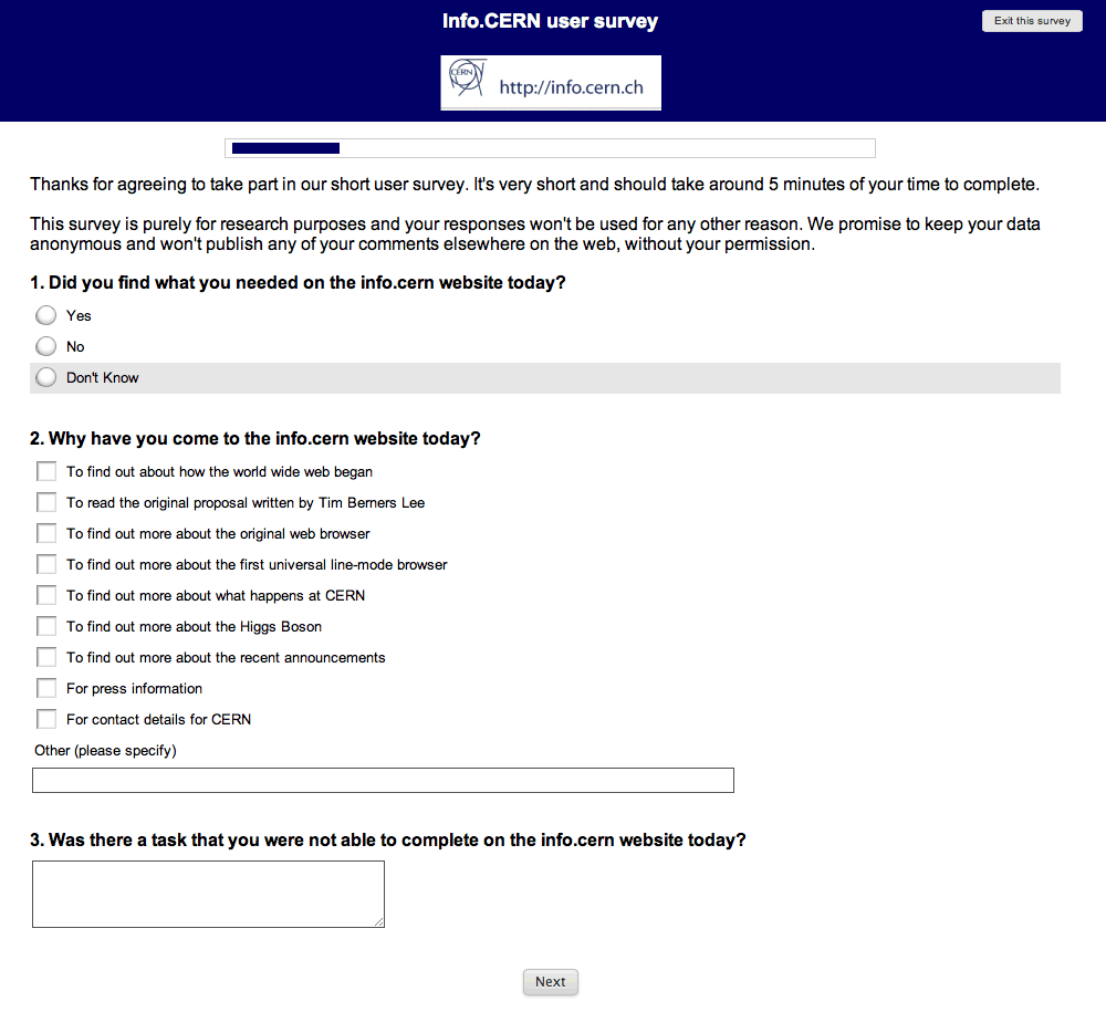 Screenshot of info.CERN survey