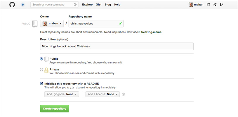 A screenshot of setting up a new repository using the Github website