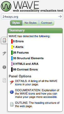 screenshot of 24 ways Wave results - 0 errors