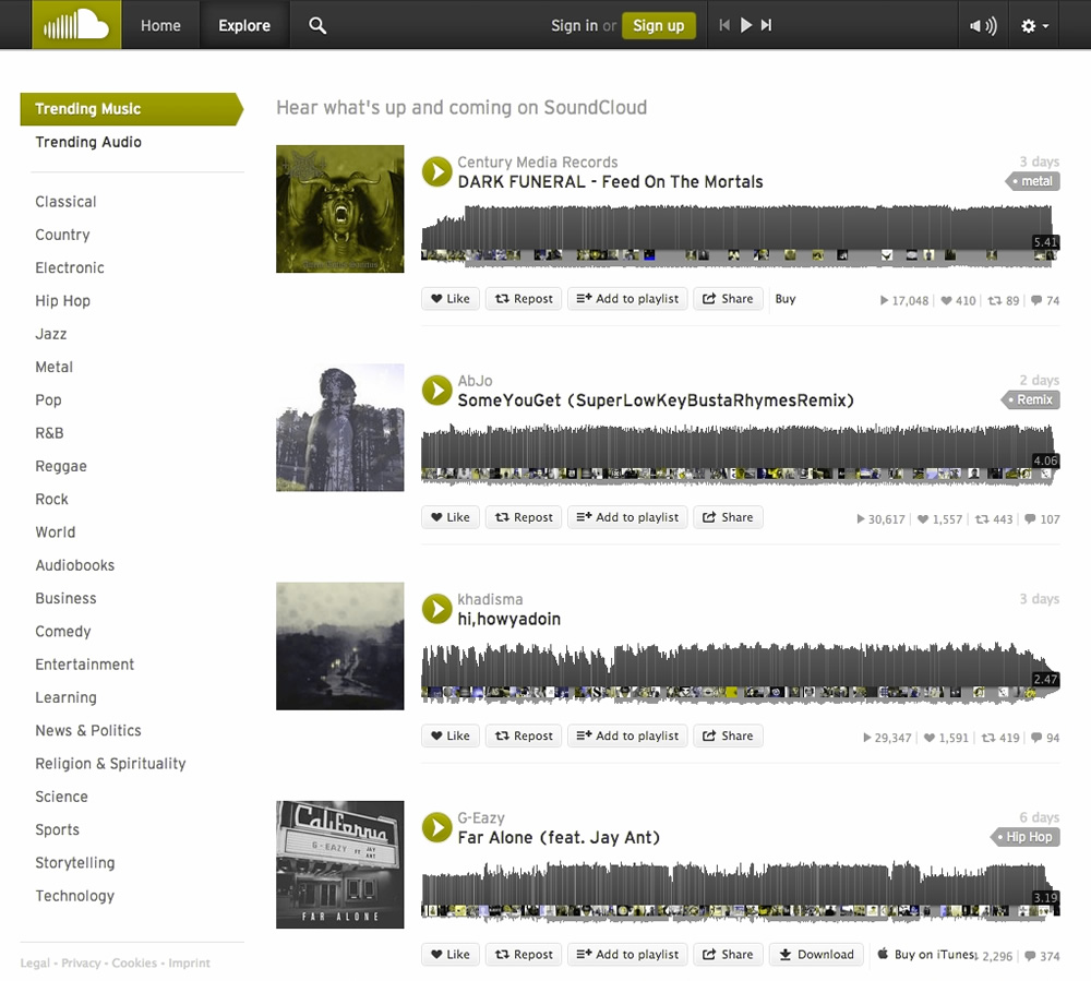 screenshot of SoundCloud through a Color Oracle filter