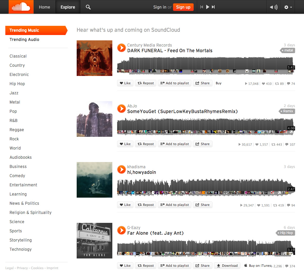 screenshot of SoundCloud website