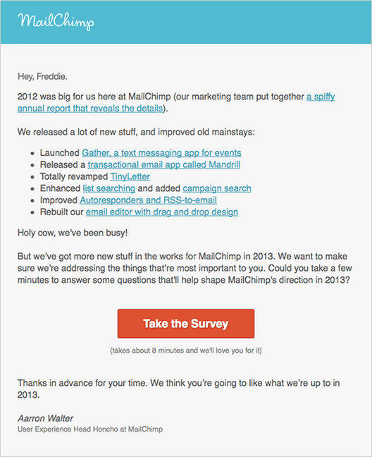 A email sent for the 2013 MailChimp annual survey.