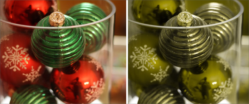 Side-by-side comparison of how red and green Christmas baubles could appear to a person affected by protanopia-type colour blindness.