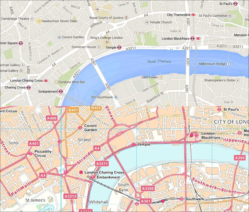 Comparison of Google Maps (top) and the Ordnance Survey (bottom).