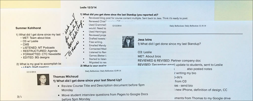 Photo of a paper notes compiled for a standup meeting