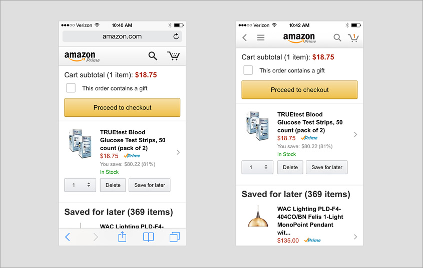 Screenshot of the Amazon website compared with the Amazon native app.