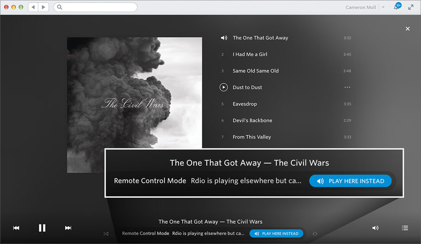 Screenshot of the Rdio remote control feature on a Macbook.