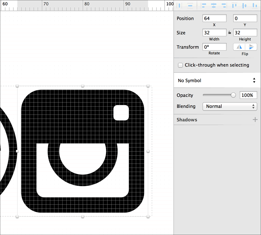 Screenshot showing the position (offset) of the Instagram icon inside the SVG sprite, and its size.