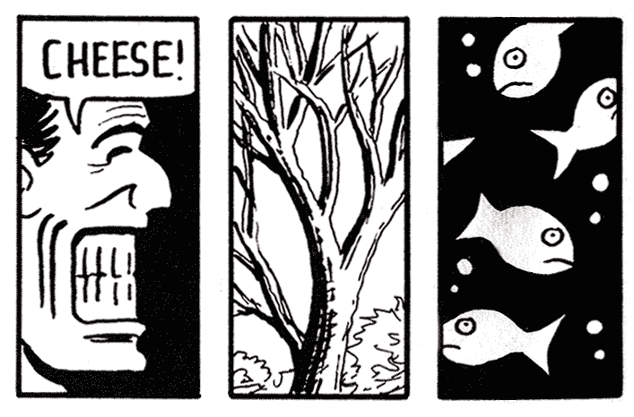 A section from Scott McCloud's Understanding Comics book, showing 3 panels – the first is man saying 'cheese', the second is some trees, and the third are some unhappy fish
