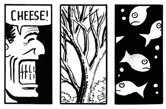 A section from Scott McCloud's Understanding Comics book, showing 3 panels  the first is man saying 'cheese', the second is some trees, and the third are some unhappy fish