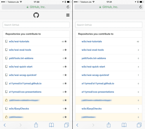 The mobile GitHub view with and without external fonts