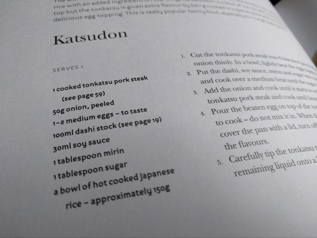 A photo of a recipe for Katsudon in a recipe book.
