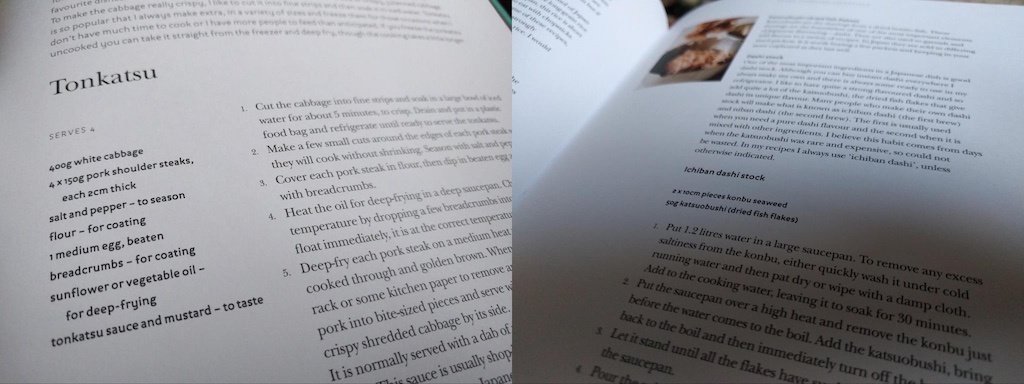 A photo of a recipe for Tonkatsu in a recipe book, alongside a photo of instructions on making stock in the same book.