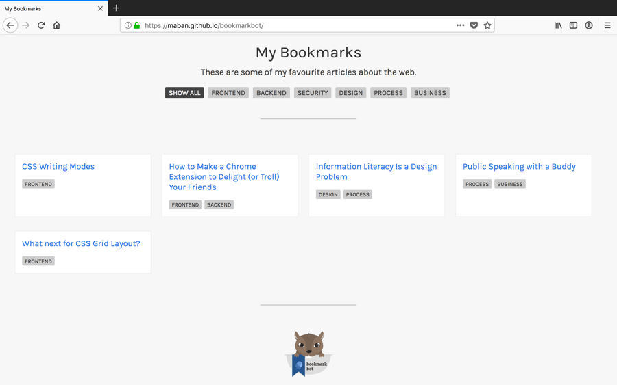 The bookmarkbot bookmarks page