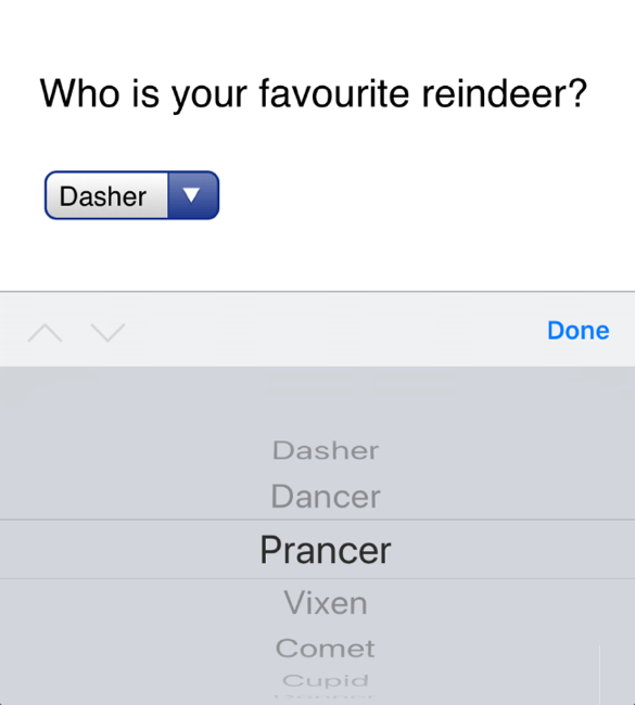 Option menu picker in Safari on iOS. The options are in larger text on a wheel that fills the lower half of the screen. The selected item is largest, darkest, and most visible in the centre of the wheel.