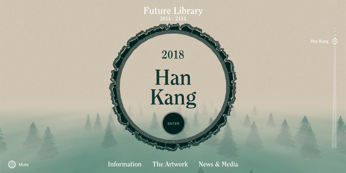 A screenshot from the Future Library site, with an illustration of a tree trunk and the 2018 author Han Kang as the title.