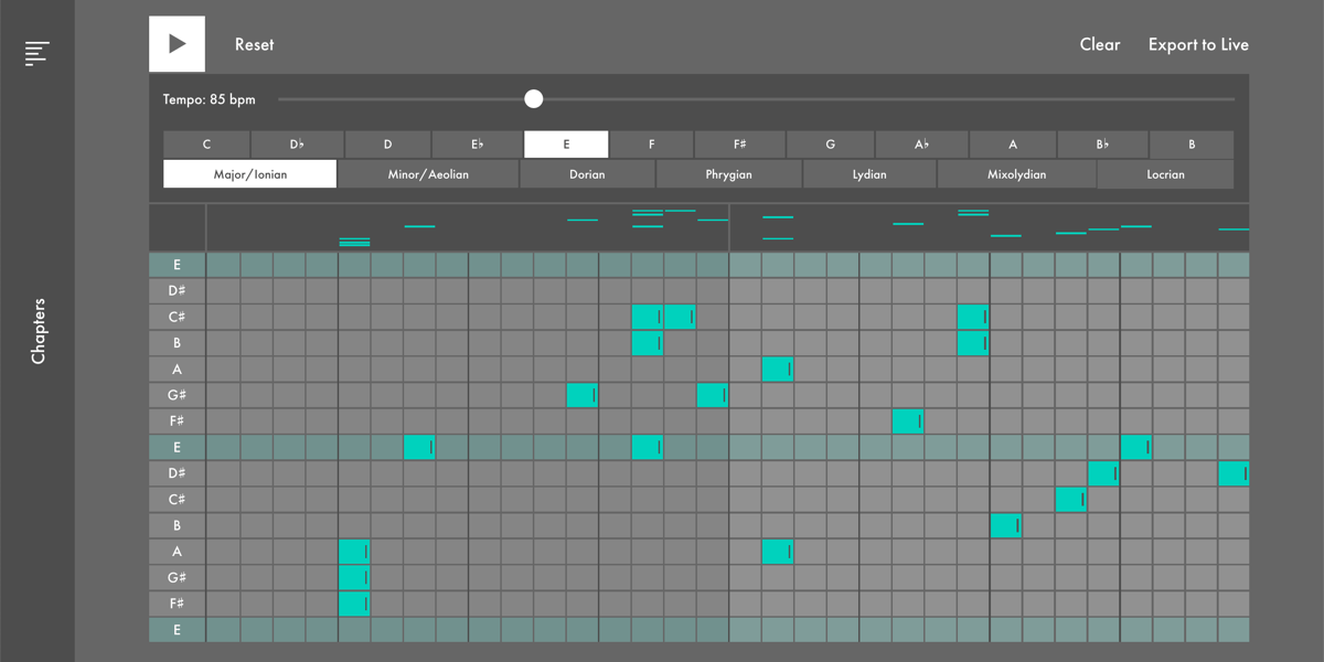 A screenshot from Learning Music, showing a tool that lets you play notes on a scale, and change the tempo that the notes are played at.