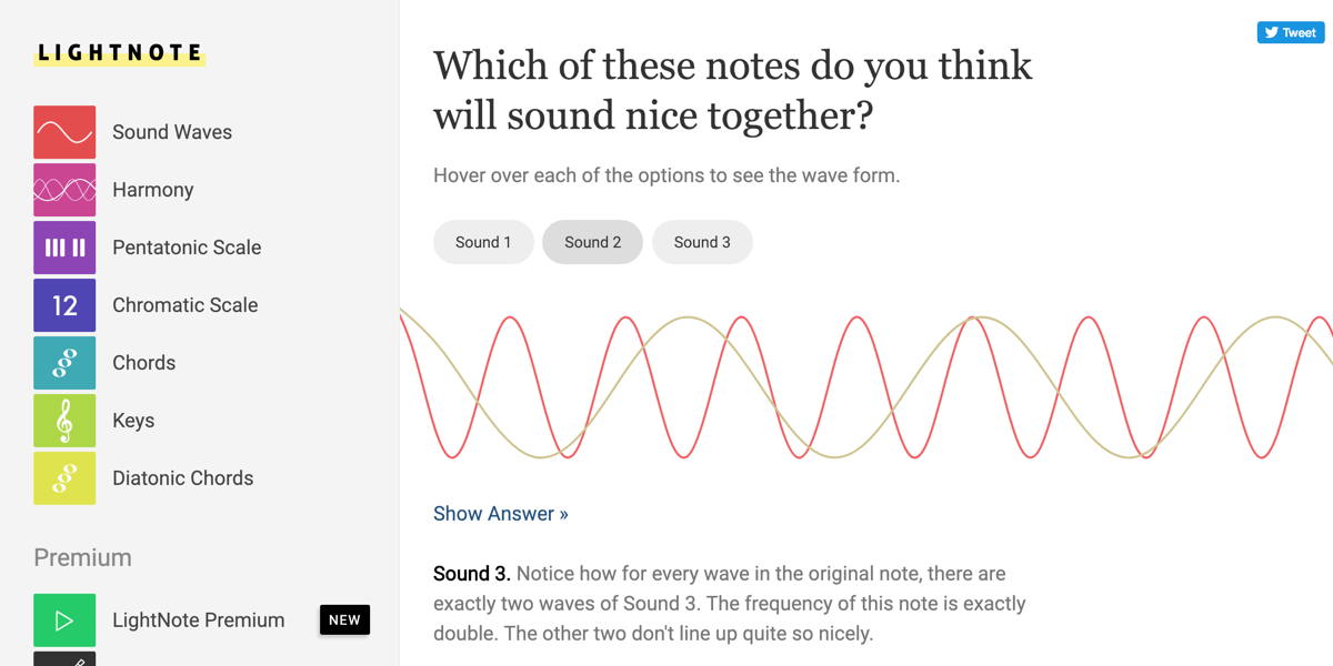 Screenshot from Lightnote. There is an audio wave graph and the heading 'which of these notes do you think will sound nice together?'. There is the option to add more sound waves to the graph.