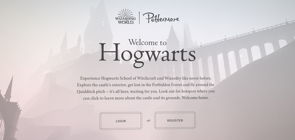 Screenshot of the homepage of the Pottermore website, with the title 'Welcome to Hogwarts'. There is a castle in the background, and big buttons to log in or register.