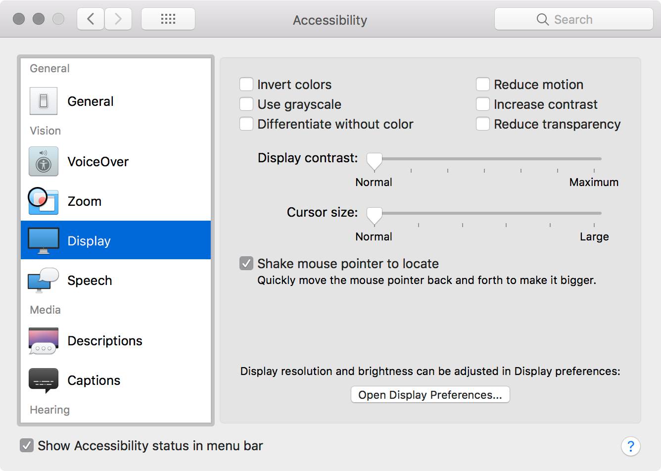 The accessibility display options dialog in the system preferences dialog for macOS High Sierra.