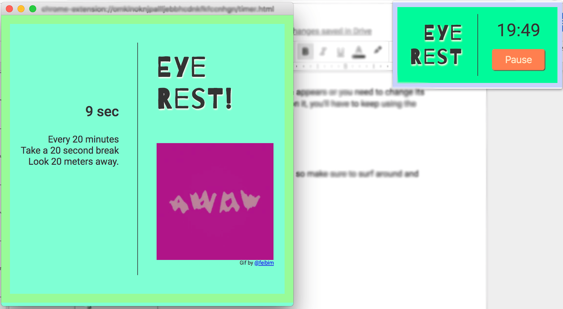 A screenshot of the Eye Rest popout with the timer window.