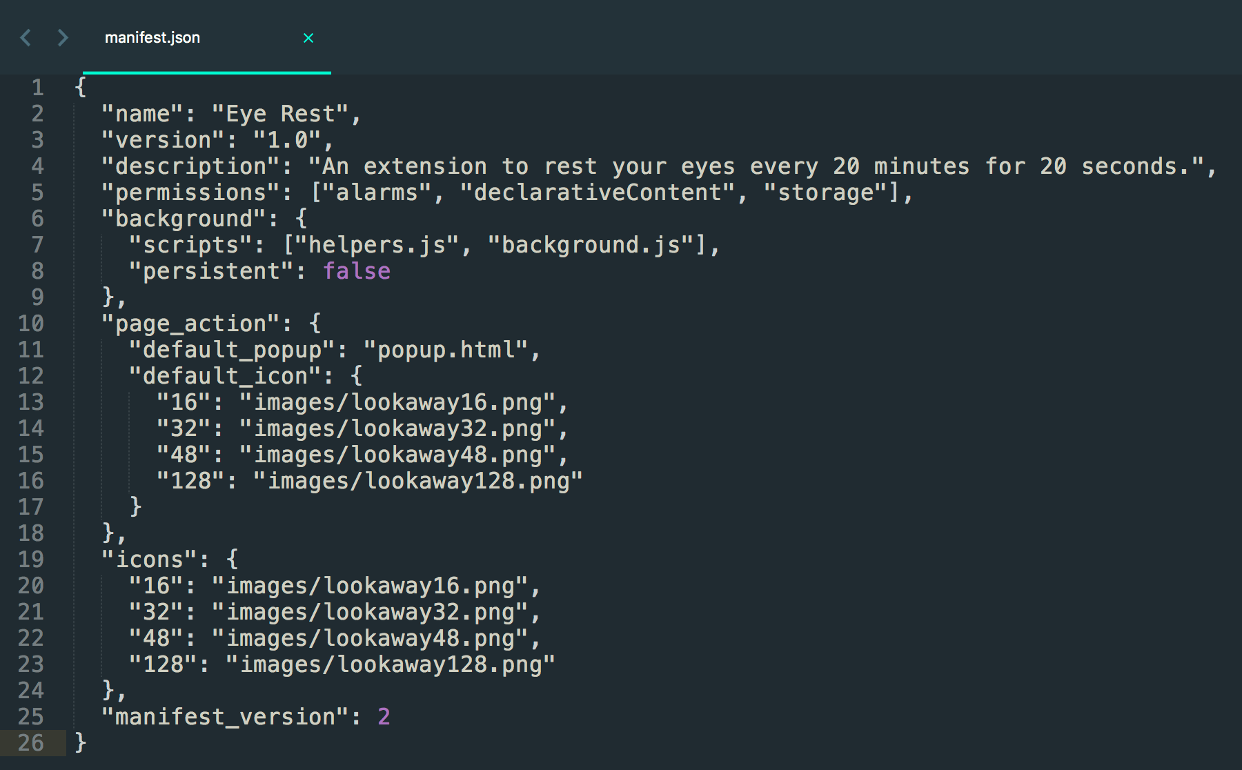 Screenshot of code from the manifest.json file