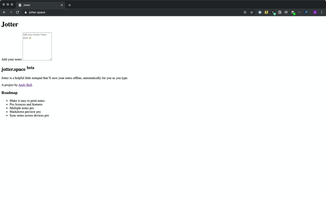 The Jotter Progressive Web App with CSS and JavaScript disabled shows a HTML only experience.