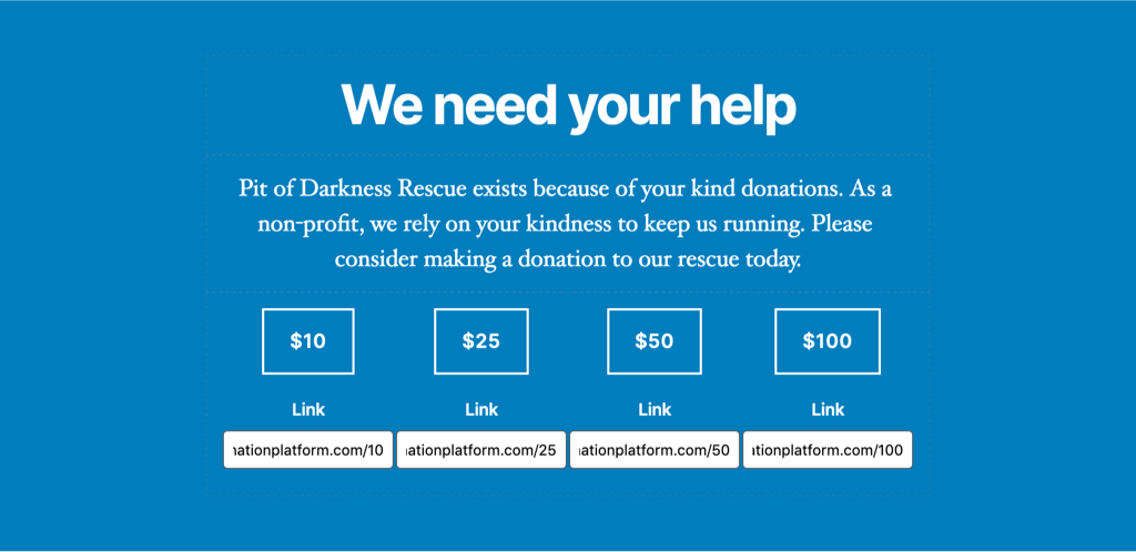 A donate call to action with a bright blue background. There are 4 buttons with different donation amounts.