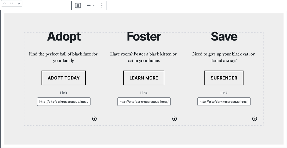 Edit mode with three column blocks