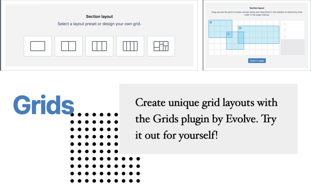 Some illustrations of grids, with the heading 'Create unique grid layouts with the Grids plugin by Evolve. Try it out yourself!'