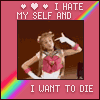An animated gif of a woman wearing white gloves, with her fingers pointing to her head in a pistol gesture, and the text 'I hate my self and I want to die'. The text is surrounded by hearts and there's a rainbow in the background.