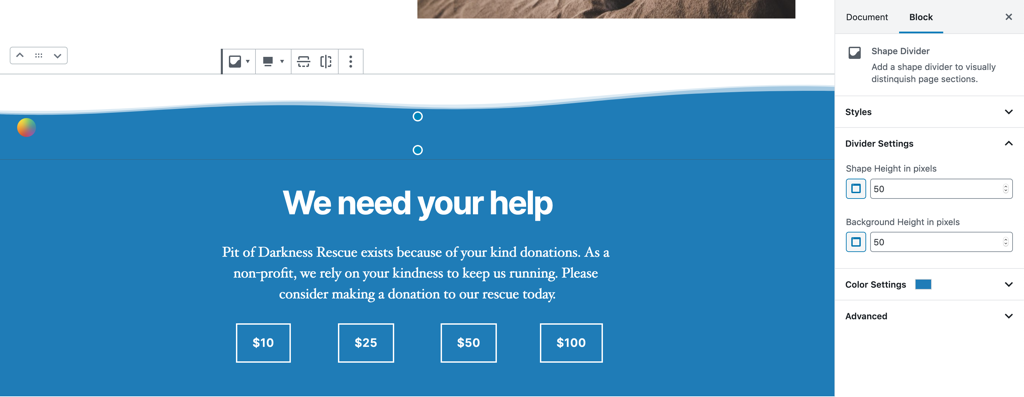 The same donate call to action, with a wavy top to the section.
