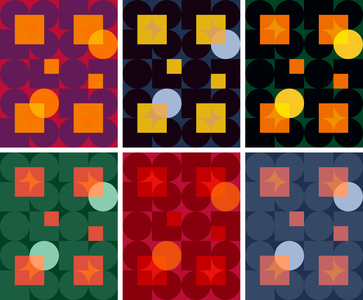 Illustration of six background-blend-mode variations