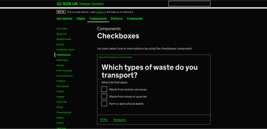 Screenshot of the GOV.UK website with green and white text and black background.