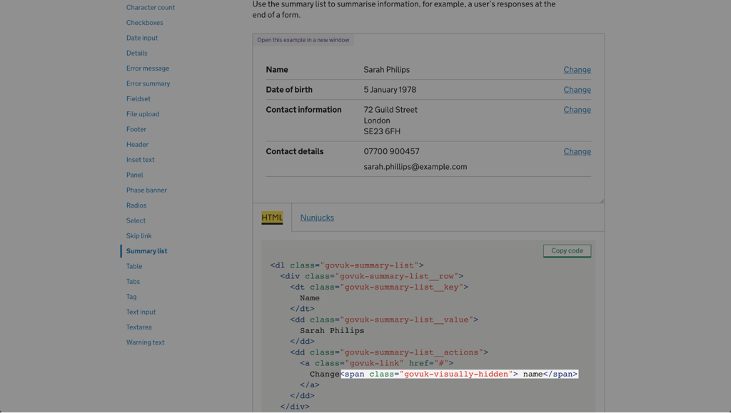 A screenshot of the table form component with the HTML beneath it. The span element is highlighted, and it has the classname of govuk-visually-hidden.